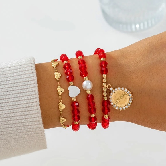 Red Beaded & Gold Heart Charm Bracelet Set – Layered Statement Look - Picture 2 of 4